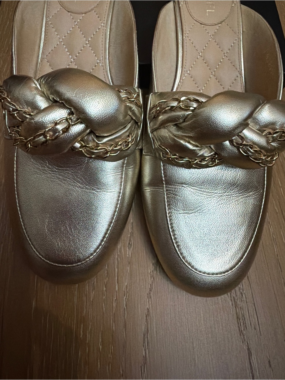 Chanel Braided Chain Metallic Gold Slide Mules - Women's